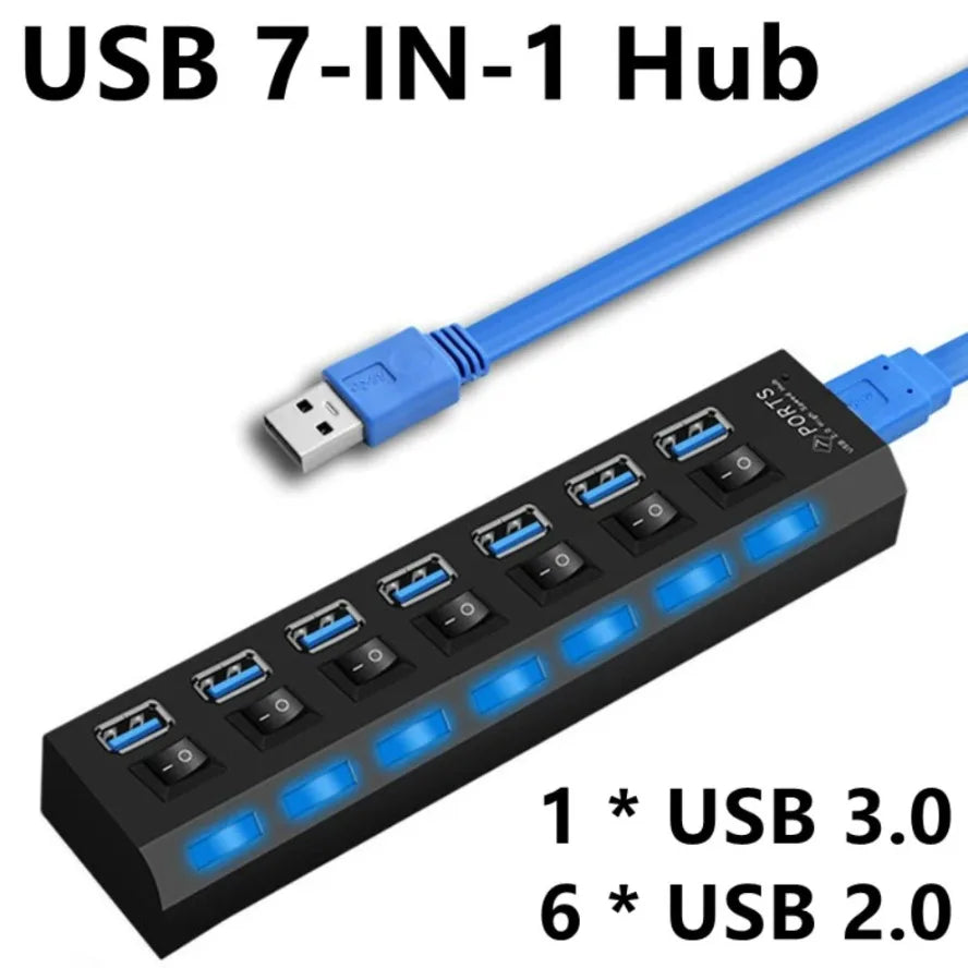 USB HUB 3.0 2.0 Adapter Expander High Speed 7 Ports Multi USB Splitter Multiple USB Extender with LED Lamp Switch for PC Laptop