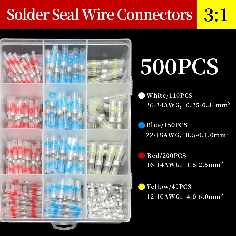 10 ~ 500Pcs Solder Seal Wire Connectors Kit Heat Shrink Butt Crimp Terminals Waterproof Electrical Cable Splice Connector