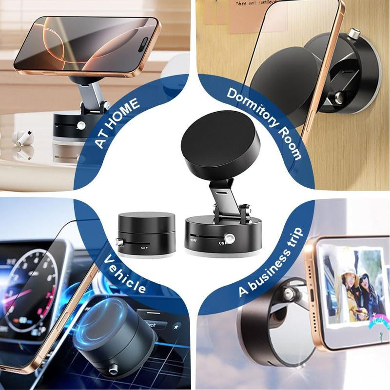 Foldable Magnetic Phone Stand ，Vacuum Magnetic Suction Phone Holder, Magnetic Suction Phone Mount, 360°Rotatable Vacuum Magnetic Phone Stand, Foldable and Retractable Double-Sided Magnetic Phone Holder for All Phones (Black)