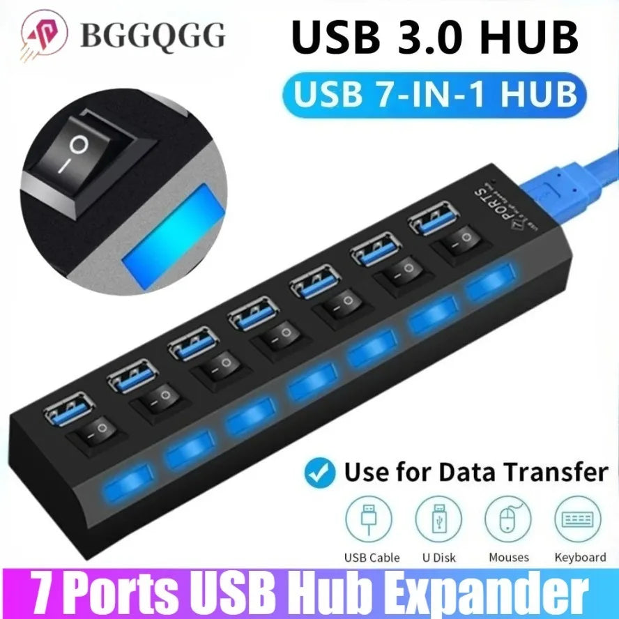 USB HUB 3.0 2.0 Adapter Expander High Speed 7 Ports Multi USB Splitter Multiple USB Extender with LED Lamp Switch for PC Laptop