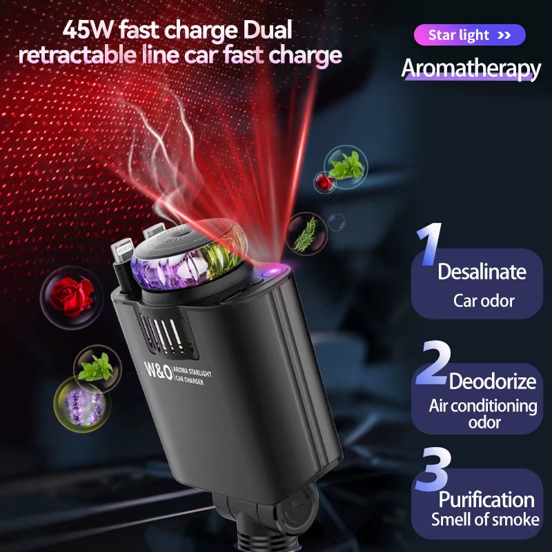 5-In-1 PD45W Car Fast Charger USB Type-C Power Adapter Retractable Phone Charger with Roof Starlight Aromatherapy for IOS Androi
